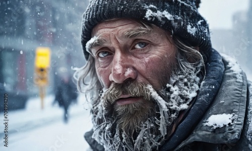Close up of frozen dirty homeless bearded man covered thick layer of snow at winter snow storm. Winter weather cataclysm