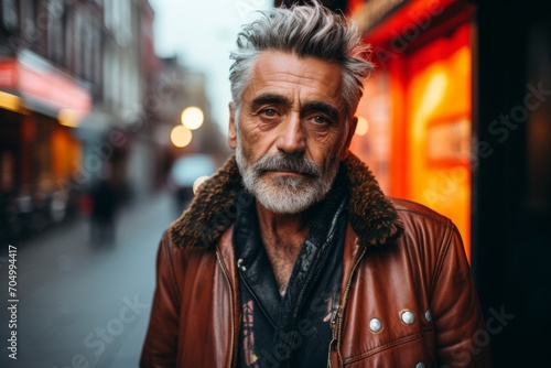 Handsome middle-aged man with gray hair and beard in a brown leather jacket on a city street.