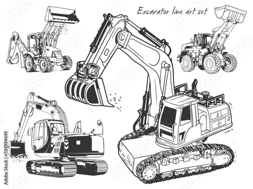 Vector set of excavators. Vector illustration of a set of construction equipment.