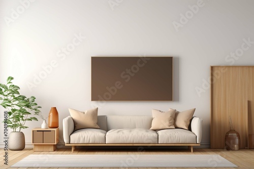 Mockup a TV wall mounted with sofa in living room with a white wall.3d © Areesha