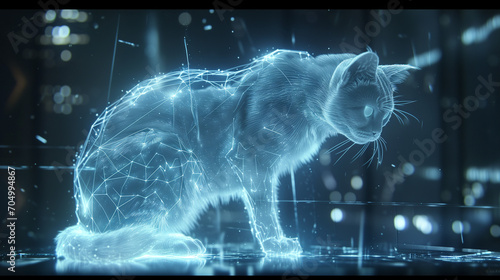 Offering an epic style that captivates the imagination and heralds a new era of visual storytelling. a realistic hologram of a transparent cat, glowing white with ethereal radiance, epic style.