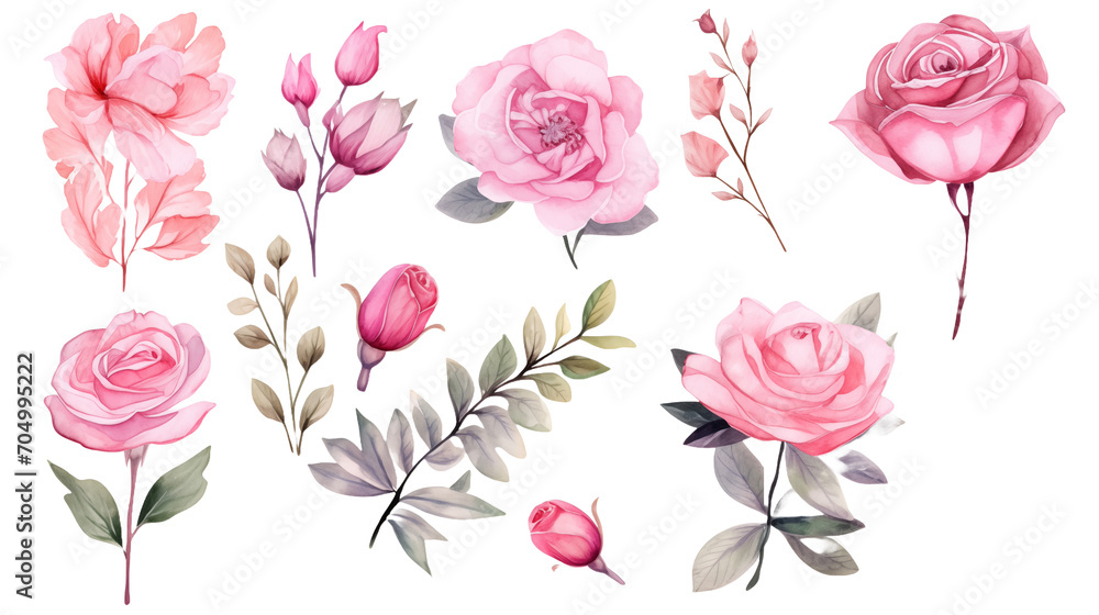 Watercolor elements pink roses on a white background