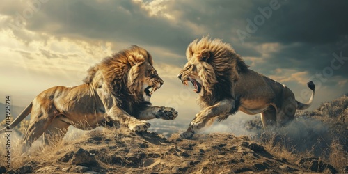 large fight lions in the desert with golden sunset © Landscape Planet