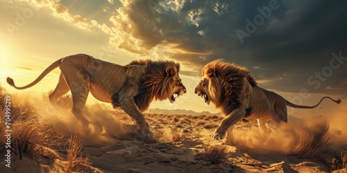 large fight lions in the desert with golden sunset photo
