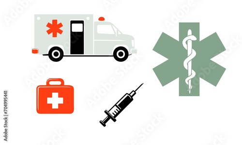 Ambulance, a set of icons on the topic of medicine and ambulance