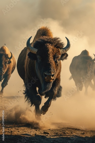 herd of bison on the open plains, in the style of aggressive digital illustration, dusty piles photo