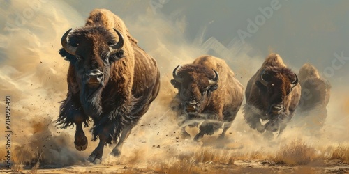 several bison running on the desert, mist