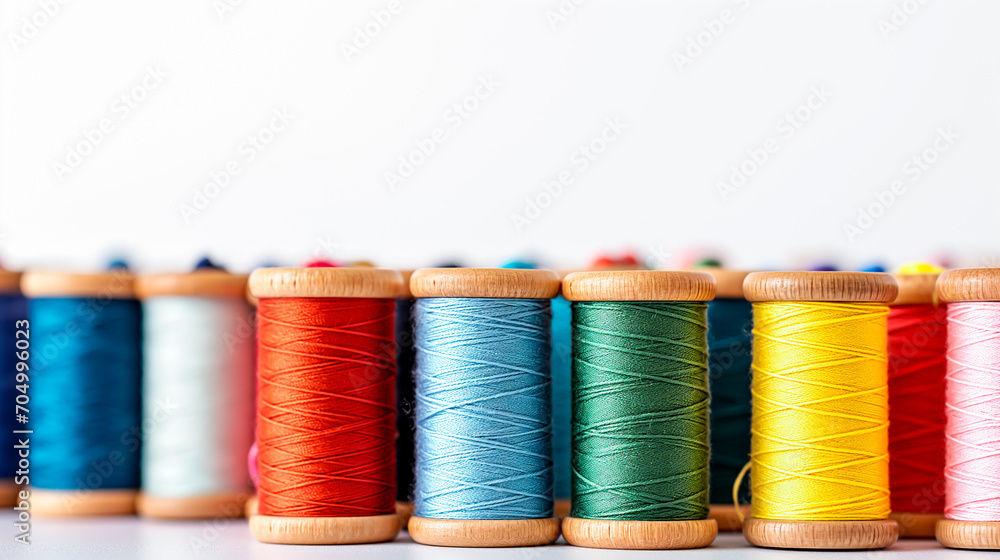 Vibrant sewing thread spools isolated on a white background. Shallow field of view.
