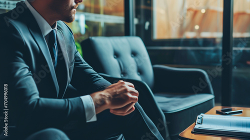 Businessman waiting for job interview, executive attire. Shallow field of view.
