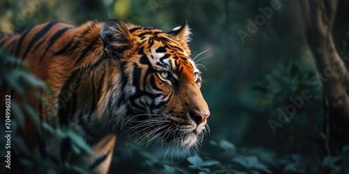 A Malaysian tiger in a rainforest under the sun  soft focus background