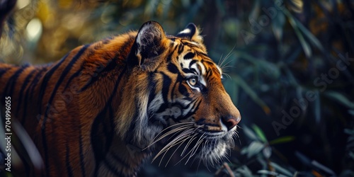 A Malaysian tiger in a rainforest under the sun  soft focus background