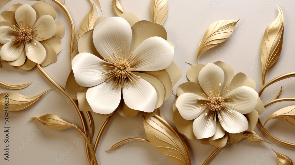 Golden Background with 3D Wallpaper Flowers and Stems AI Generated