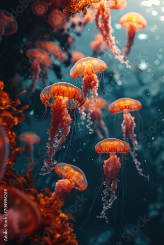 some jellyfish are swimming underwater in a shallow space, in the style of luminous 3d objects, light magenta and orange