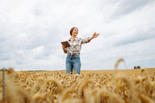 A young female agronomist with a modern tablet checks the quality and growth of the crop in a wheat field. Gardening concept, harvesting.
