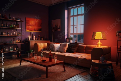Part of spacious neon lit living room with comfortable couch with beige and brown pillows and bottles of beer on table standing by wall