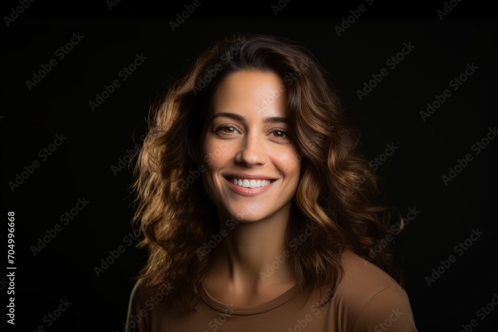 Portrait of a beautiful young woman with curly hair on a black background
