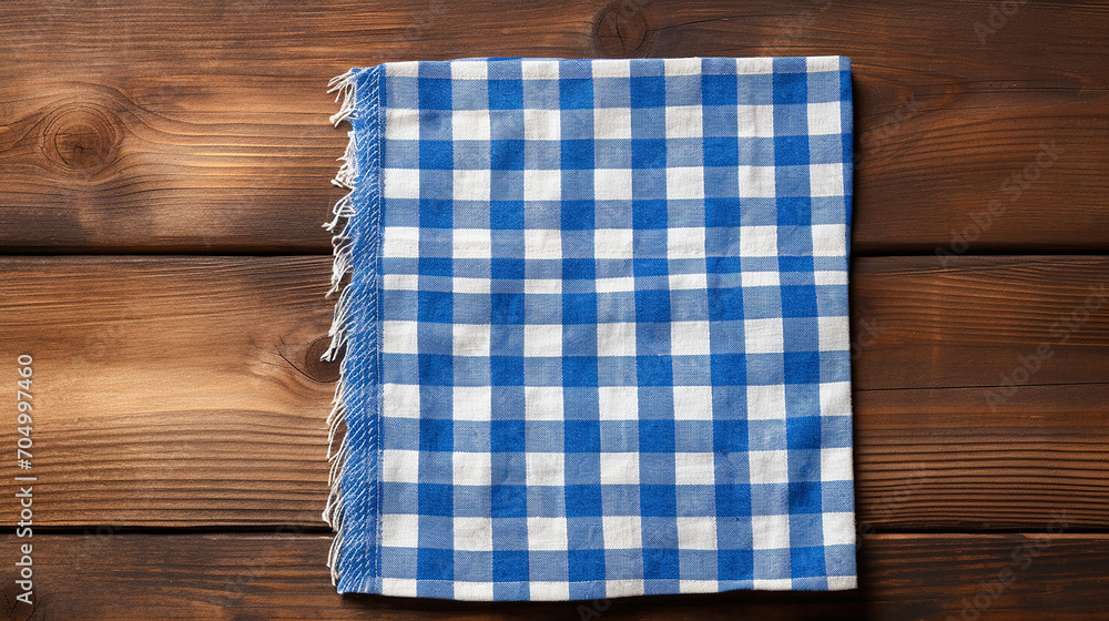blue and white checkered dishcloth on brown rustic wooden plank table