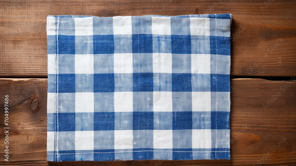 blue and white checkered dishcloth on brown rustic wooden plank table flat lay top view from above