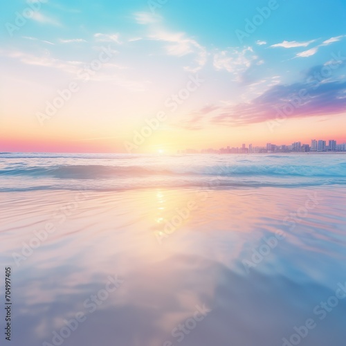 Abstract blur beach with white, yellow and blue city sky sunrise background in summer holiday concept. Blurred beautiful pastel color of sunset landscape with lens flare effect background. - Gen AI