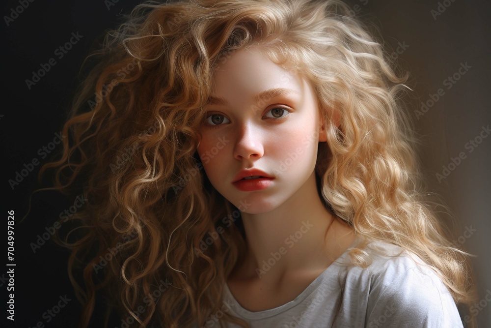 Portrait of a girl with blond curls and blue eyes on grey background