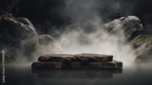 Abstract Minimal Concept: Dark Background with Natural Granite Stones Podium on Water and Surrounding Smoke AI Generated