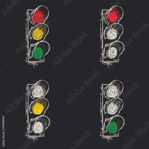 Traffic light. Hand drawn vector illustration. Isolated on black background.