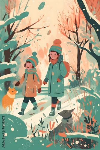 children s Book Illustration Style, Pastell colours, Bohemien, flat Colours, winter, very simple,.