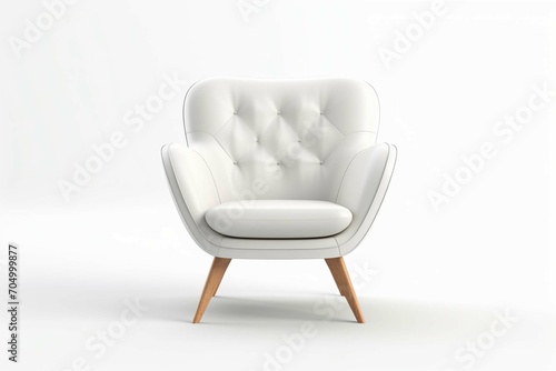 White color armchair. Modern designer chair on white background. Textile, leather, wooden chair. Series of furniture