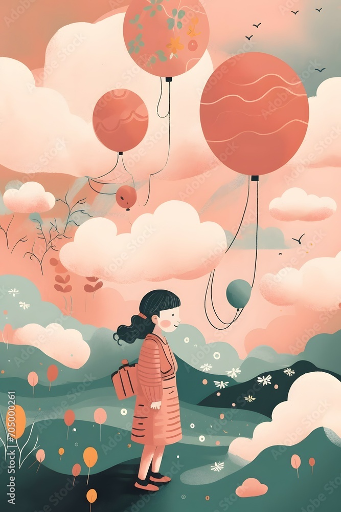 children s Book Illustration Style, Pastell colours, Bohemien, flat Colours, clouds, very simple,.