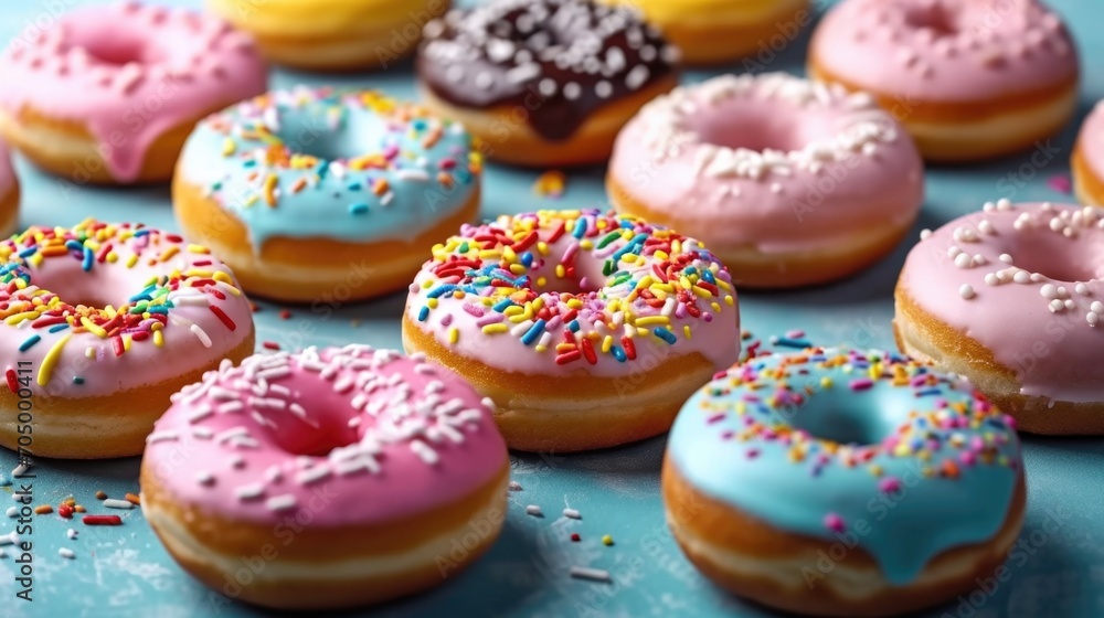 A bunch of donuts with different colored frosting and sprinkles.