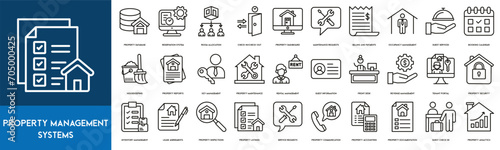 Property Management Systems Outline Icon Collection. Property Database, Reservation System, Room Allocation, Property Dashboard, Maintenance Requests, Check In and Check Out, Billing and Payments photo