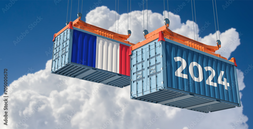 Trading 2024. Freight container with France national flag. 3D Rendering 