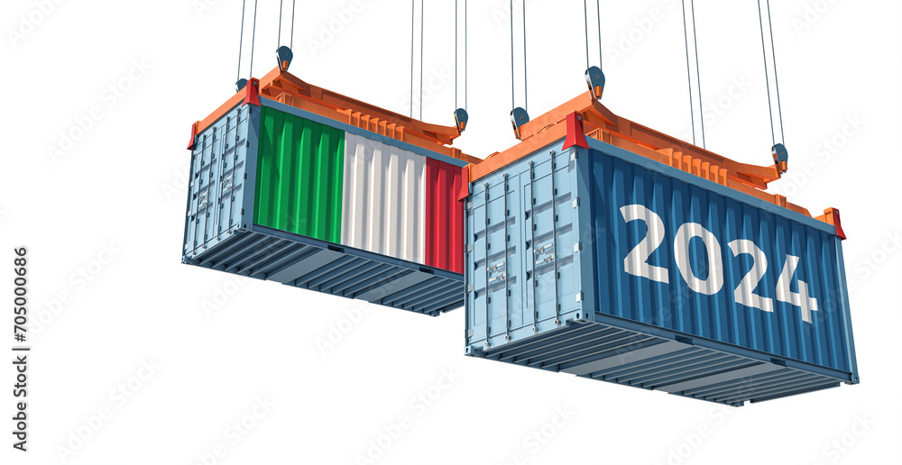 Trading 2024. Freight container with Italy national flag. 3D Rendering Trading 2024. Freight container with Italy national flag. 3D Rendering