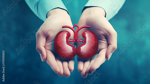 Female hands holding kidney, World Kidney Day. generative ai photo
