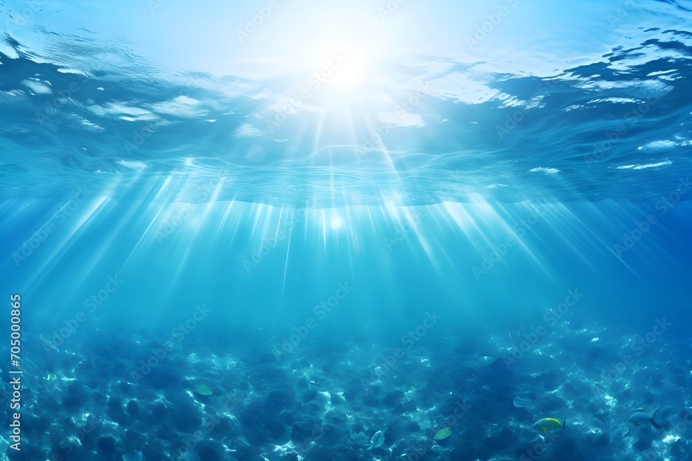 Underwater view of blue sea with sunbeams and lens flare