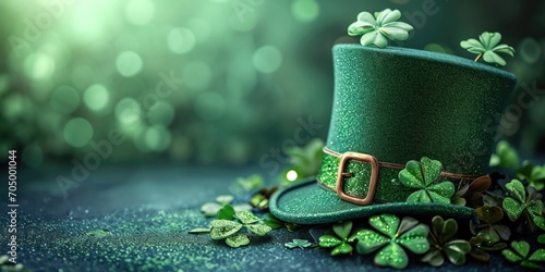 A green hat with shamrocks on top of it. St Patrick's Day wallpaper background with copy-space. photo
