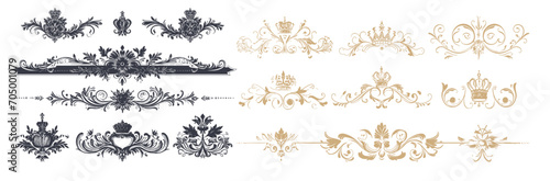Ornate scroll and decorative design elements with crowns