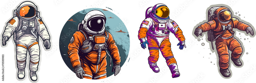 astronaut collection different colors, spacecraft illustration
