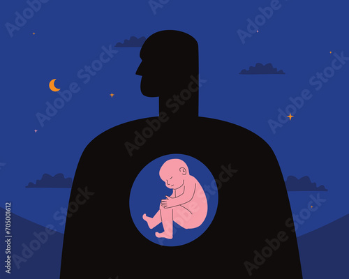 The silhouette of a person inside which there is a baby, a symbol of an inner child, an early psychological childhood trauma. A metaphor of an individual's subpersonality influencing his behavior.