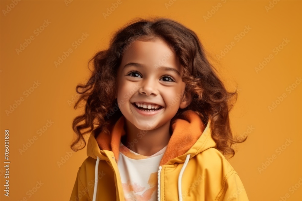 Portrait of a smiling little girl in a yellow jacket on a yellow background Portrait of a smiling little girl in a yellow jacket on a yellow background