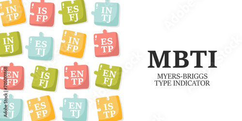 Myers-Briggs type indicator on the pazzle shape. MBTI psychological test and magnifier. Introversion, extraversion, feeling, judging, sensing, intuition, thinking, perceiving. Flat vector illustration