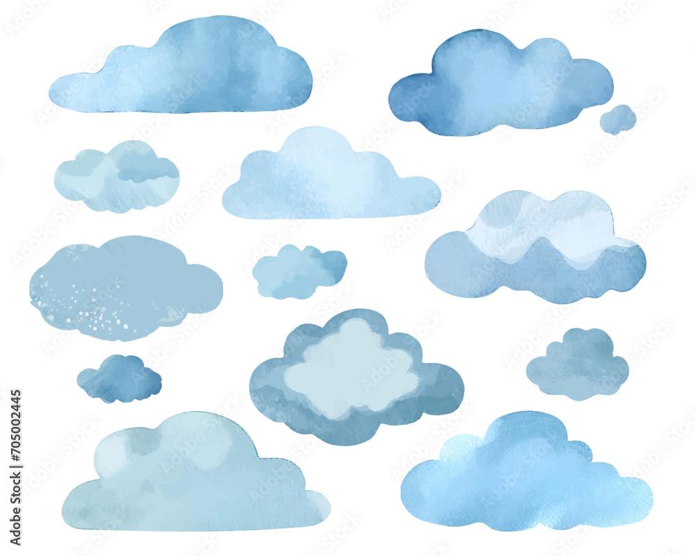A watercolor cloud set design in a soft blue color illustration. Dark rainy clouds collection vector.
