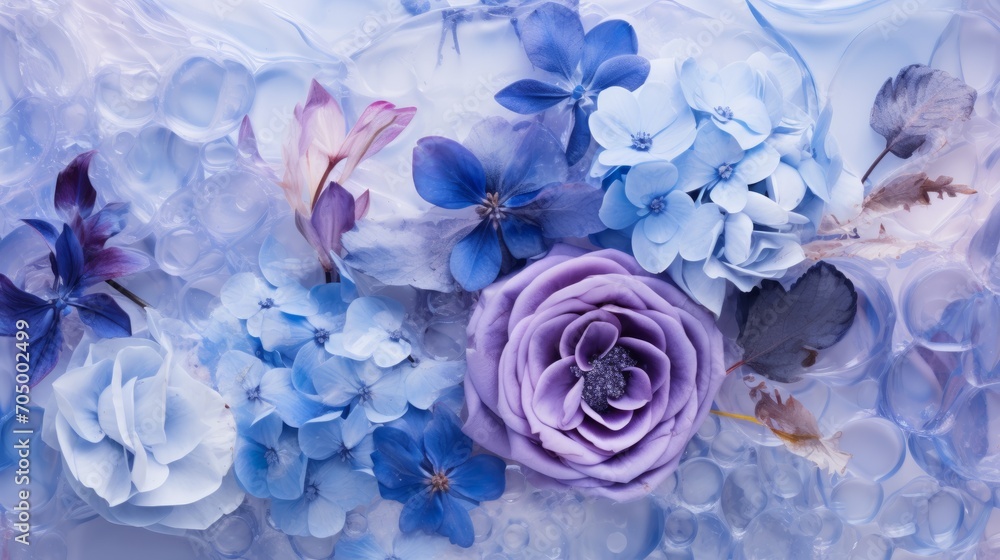 Close-up Art of Frozen Blue and Purple Flowers and Petals AI Generated
