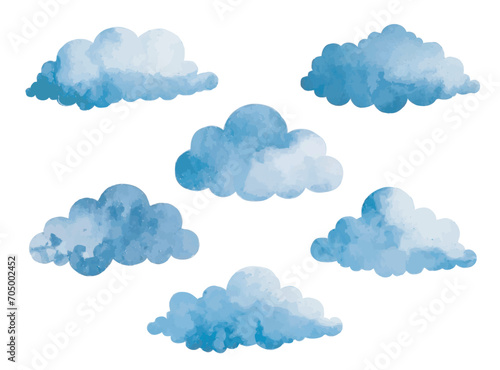 A watercolor cloud set design in a soft blue color illustration. Dark rainy clouds collection vector.