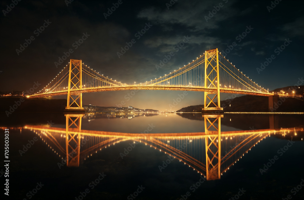 Fototapeta premium a bridge that is over water with lights on it at night time, with a reflection in the water, generative ai