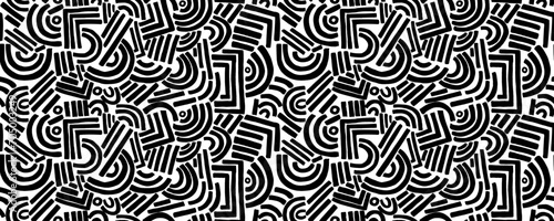 Abstract Memphis geometric shapes seamless pattern. Brush drawn bold geometric shapes  stripes   lines  circles and dots. Abstract tech background. Hand drawn basic figures in futuristic style.