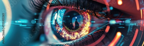 Futuristic vision - close-up of human eye with augmented reality digital graphics, representing advanced technology and artificial intelligence photo