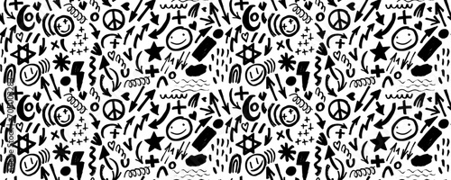 Seamless abstract geometric doodle pattern fashion 80-90s. Wavy and curly lines, dry brush stroke textured shapes. Zig zag, swirls and dots.  For used in printing, website background and fabric design photo