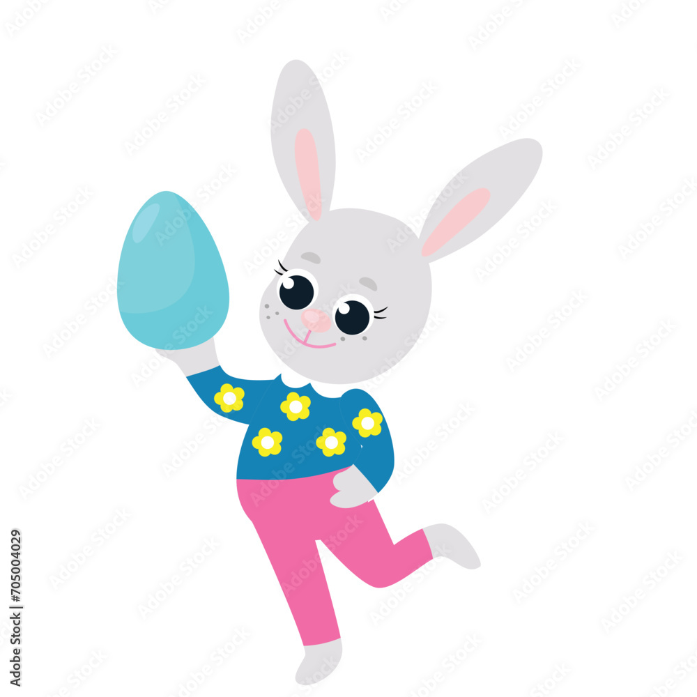 A happy Easter bunny wearing pants and a shirt holds a painted egg in his paws. Festive illustration in cartoon style isolated on white background.