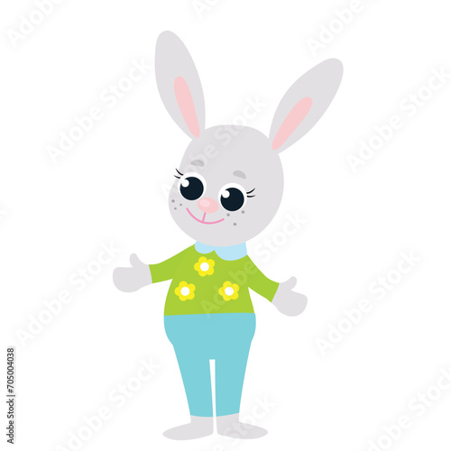 The Easter bunny is dressed in pants and a shirt. Festive illustration in cartoon style isolated on white background.